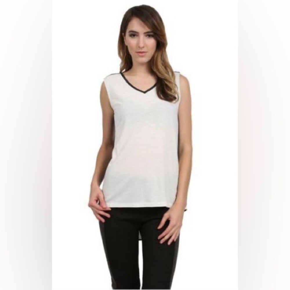 STELLA & JAMIE Ivory w/Black Studded Leather Yolk & Neckline Tank Top NWT Medium